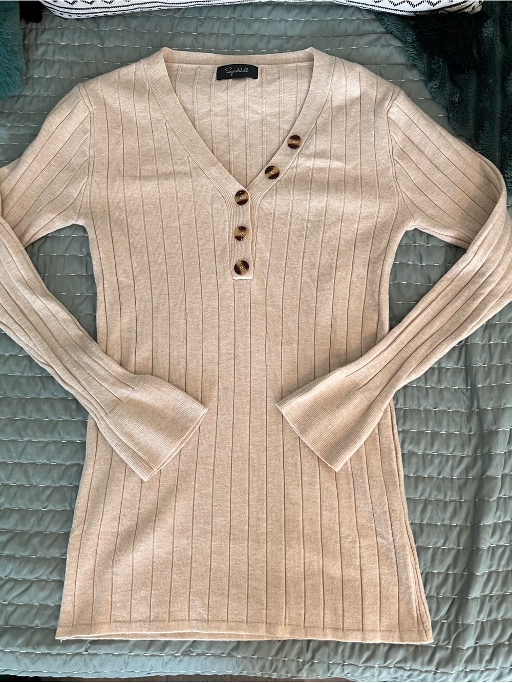 Cream Ribbed V-Neck Button Sweater